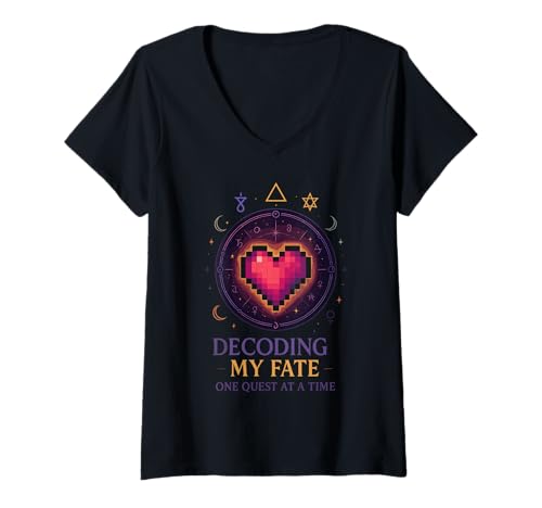Damen Decoding My Fate One Quest at A Time Pixel Herz T-Shirt mit V-Ausschnitt von Pixel Herz Schicksal Quest Symbole Astrologie