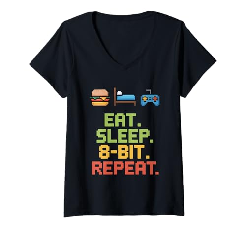 Damen Eat Sleep 8-Bit Repeat – Retro Gaming Pixel Art T-Shirt mit V-Ausschnitt Damen Eat Sleep 8-Bit Repeat – Retro Gaming Pixel Art T-Shirt mit V-Ausschnitt von Pixel Legends | Classic Video Game Nostalgia
