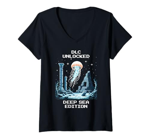 Damen Deep Sea DLC | Pixel Jellyfish Retro-Gaming T-Shirt mit V-Ausschnitt Damen Deep Sea DLC | Pixel Jellyfish Retro-Gaming T-Shirt mit V-Ausschnitt von Pixel Ocean Fish Quest