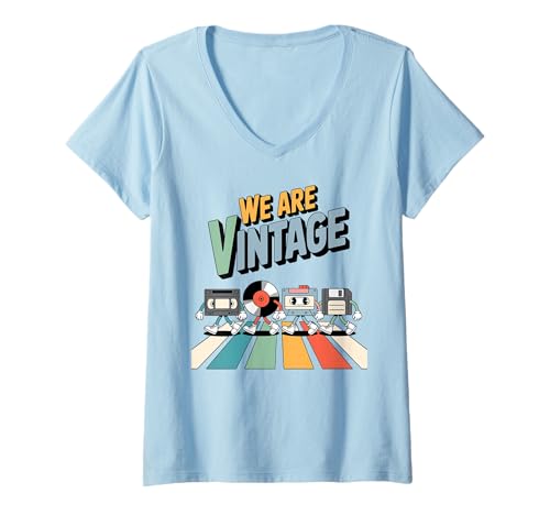 Damen We Are Vintage Kassette Vinyl Floppy Crosswalk Crew T-Shirt mit V-Ausschnitt von Pixel Parade Co
