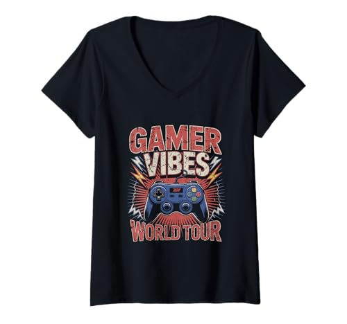 Damen Gamer Vibes World Tour Controller T-Shirt mit V-Ausschnitt Damen Gamer Vibes World Tour Controller T-Shirt mit V-Ausschnitt von Pixel Power Clothing