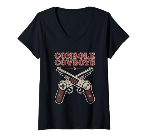Damen Konsole Cowboys Retro Game Controller T-Shirt mit V-Ausschnitt Damen Konsole Cowboys Retro Game Controller T-Shirt mit V-Ausschnitt von Pixel Power Clothing