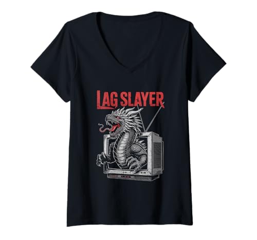 Damen Lag Slayer Dragon TV Escape für Online-Gamer T-Shirt mit V-Ausschnitt Damen Lag Slayer Dragon TV Escape für Online-Gamer T-Shirt mit V-Ausschnitt von Pixel Power Clothing