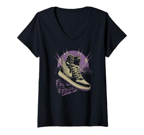 Damen Level Up Retro Sneaker Power T-Shirt mit V-Ausschnitt Damen Level Up Retro Sneaker Power T-Shirt mit V-Ausschnitt von Pixel Power Clothing