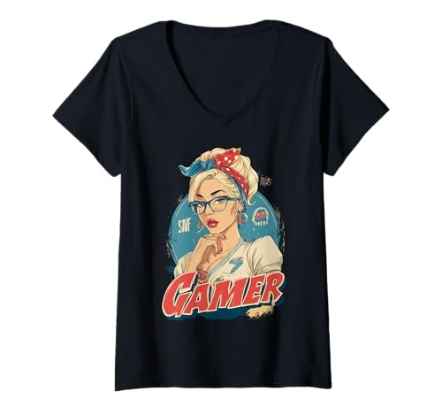 Damen Pin-Up-Vibes im Retro-Stil für Gamer-Mädchen T-Shirt mit V-Ausschnitt von Pixel Princess Arcade Aesthetic Co.
