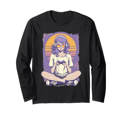 Retro-Anime-Gamer-Mädchen Langarmshirt Retro-Anime-Gamer-Mädchen Langarmshirt von Pixel Pulse Anime Arcade Collective