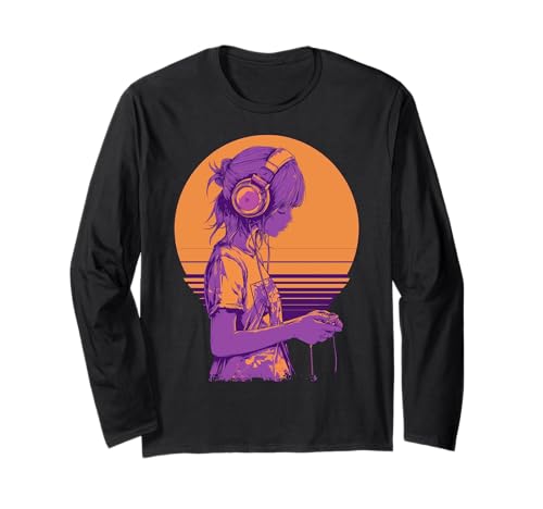 Retro-Anime-Gamer-Mädchen Langarmshirt von Pixel Pulse Anime Arcade Collective