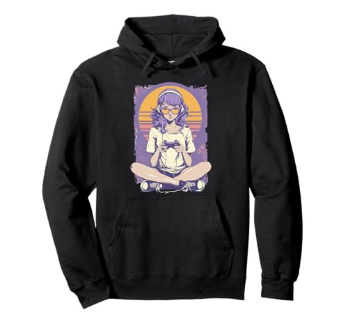 Retro-Anime-Gamer-Mädchen Pullover Hoodie von Pixel Pulse Anime Arcade Collective