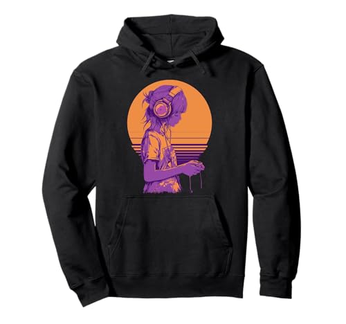 Retro-Anime-Gamer-Mädchen Pullover Hoodie von Pixel Pulse Anime Arcade Collective