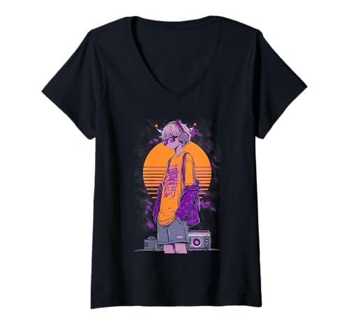 Damen Retro-Anime-Gamer Boy T-Shirt mit V-Ausschnitt Damen Retro-Anime-Gamer Boy T-Shirt mit V-Ausschnitt von Pixel Pulse Retro Anime Aesthetic Wear