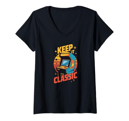 Damen Retro Arcade Vibes – Keep It Classic 80s Gamer Style T-Shirt mit V-Ausschnitt Damen Retro Arcade Vibes – Keep It Classic 80s Gamer Style T-Shirt mit V-Ausschnitt von Pixel Pulse Threads