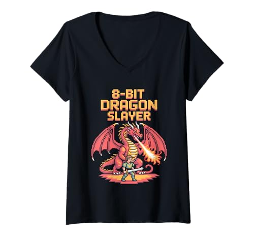 Damen 8-Bit Dragon Slayer - Retro Pixel Art Fantasy Gaming T-Shirt mit V-Ausschnitt Damen 8-Bit Dragon Slayer - Retro Pixel Art Fantasy Gaming T-Shirt mit V-Ausschnitt von Pixel Quest Apparel | 80s Retro Gaming & Gamer