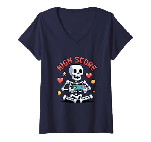 Damen Halloween Skeleton Gamer Pixel Video Gaming Boys Men Kids T-Shirt mit V-Ausschnitt von Pixel Skeleton High Score For Spooky Halloween