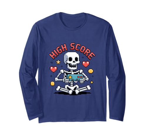 Halloween Skeleton Gamer Pixel Video Gaming Boys Men Kids Langarmshirt von Pixel Skeleton High Score For Spooky Halloween
