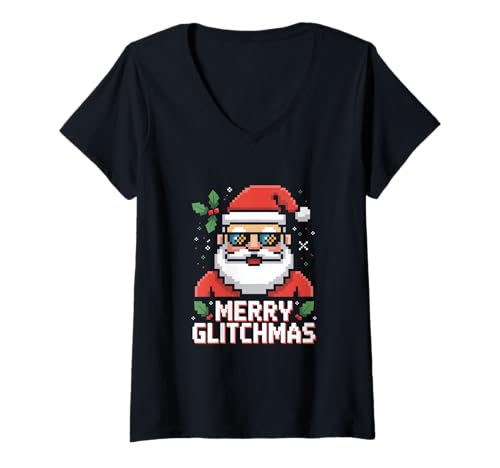 Damen Merry Glitchmas Pixel Weihnachtsmann Gamer Retro T-Shirt mit V-Ausschnitt Damen Merry Glitchmas Pixel Weihnachtsmann Gamer Retro T-Shirt mit V-Ausschnitt von Pixel Weihnachtsmann Gamer Retro Glitch Weihnacht