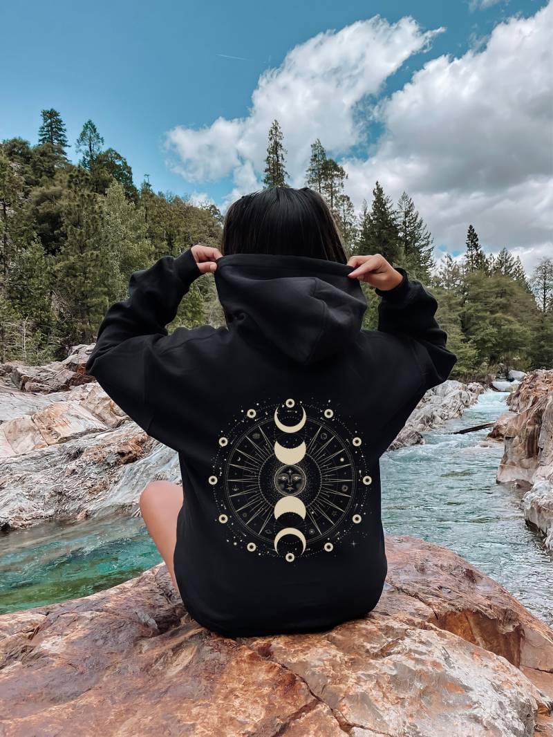 Spiritual Sun Moon Celestial Unisex Hoodie - Printed Front & Back Meditating Buddha Witchy von PixelBrandDesigns