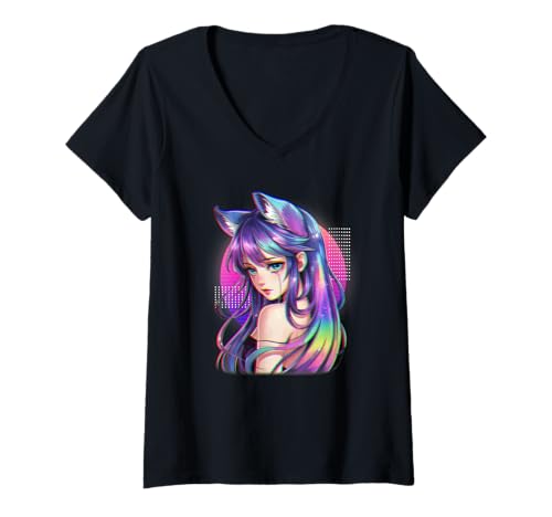 Damen Fox Girl Aesthetic Vaporwave Fellkatzenohren im Anime-Design T-Shirt mit V-Ausschnitt von PixelFur