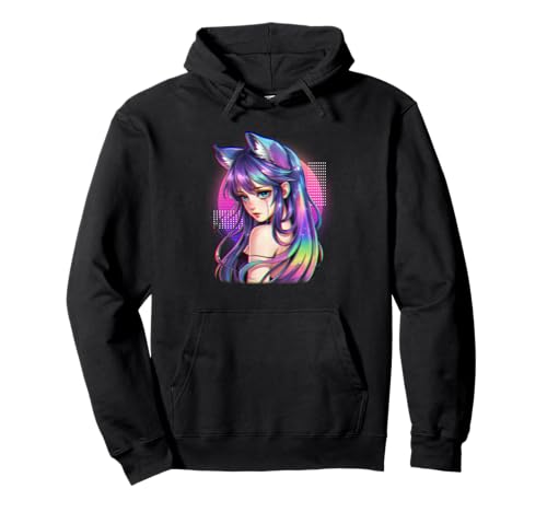 Fox Girl Aesthetic Vaporwave Fellkatzenohren im Anime-Design Pullover Hoodie von PixelFur