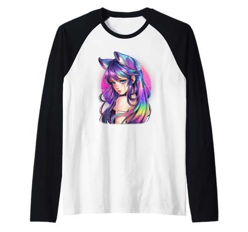 Fox Girl Aesthetic Vaporwave Fellkatzenohren im Anime-Design Raglan von PixelFur