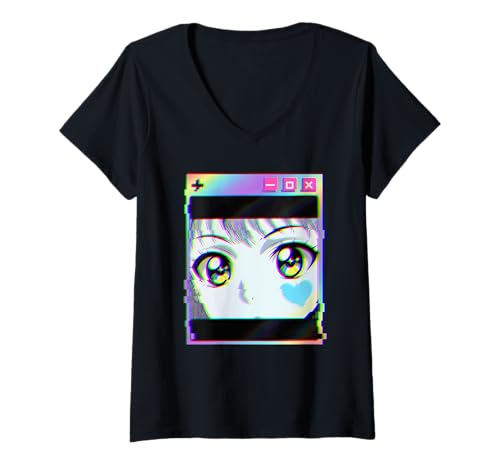 Damen Glitch Anime-Vaporwave mit Herz-Pixelbildschirm und Mädchenaugen im Retro-Look T-Shirt mit V-Ausschnitt von PixelKawaii