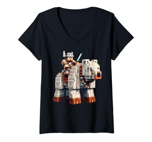 Damen Wikinger Reitbär Block Stil Pixel Art Gamer Grafik T-Shirt mit V-Ausschnitt von Pixelated Animal Riding Gaming Video Games Art