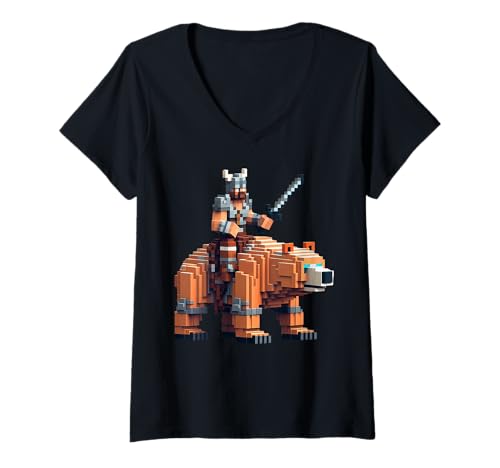Damen Wikinger Reitbär Block Stil Pixel Art Gamer Grafik T-Shirt mit V-Ausschnitt von Pixelated Animal Riding Gaming Video Games Art