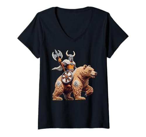 Damen Wikinger Reitbär Block Stil Pixel Art Gamer Grafik T-Shirt mit V-Ausschnitt von Pixelated Animal Riding Gaming Video Games Art