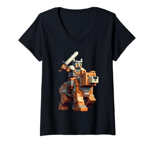 Damen Wikinger Reitbär Block Stil Pixel Art Gamer Grafik T-Shirt mit V-Ausschnitt von Pixelated Animal Riding Gaming Video Games Art
