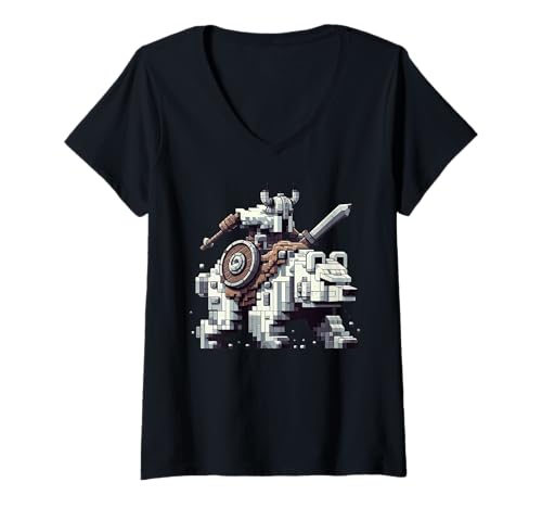 Damen Wikinger Reitbär Block Stil Pixel Art Gamer Grafik T-Shirt mit V-Ausschnitt von Pixelated Animal Riding Gaming Video Games Art