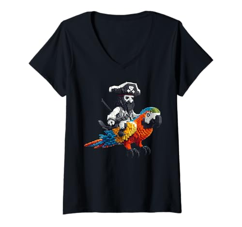 Damen Pirat Reiten Papagei Block Style Gaming Gamer Pixel Art T-Shirt mit V-Ausschnitt Damen Pirat Reiten Papagei Block Style Gaming Gamer Pixel Art T-Shirt mit V-Ausschnitt von Pixelated Art Animal Riding Graphic For Gamers Boy