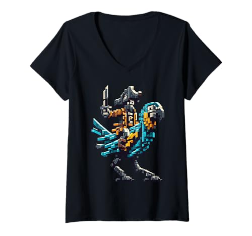Damen Pirat Reiten Papagei Block Style Gaming Gamer Pixel Art T-Shirt mit V-Ausschnitt von Pixelated Art Animal Riding Graphic For Gamers Boy
