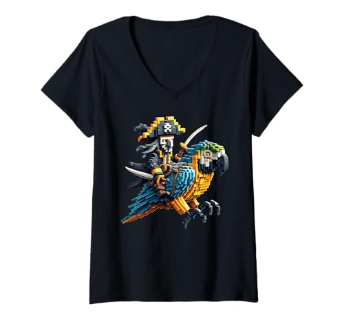 Damen Pirat Reiten Papagei Block Style Gaming Gamer Pixel Art T-Shirt mit V-Ausschnitt Damen Pirat Reiten Papagei Block Style Gaming Gamer Pixel Art T-Shirt mit V-Ausschnitt von Pixelated Art Animal Riding Graphic For Gamers Boy