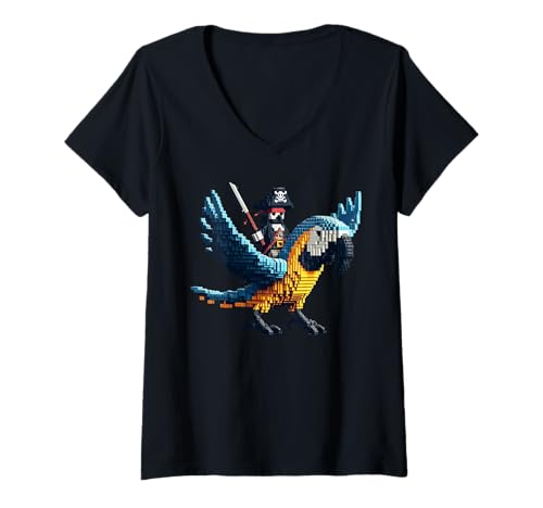 Damen Pirat Reiten Papagei Block Style Gaming Gamer Pixel Art T-Shirt mit V-Ausschnitt Damen Pirat Reiten Papagei Block Style Gaming Gamer Pixel Art T-Shirt mit V-Ausschnitt von Pixelated Art Animal Riding Graphic For Gamers Boy