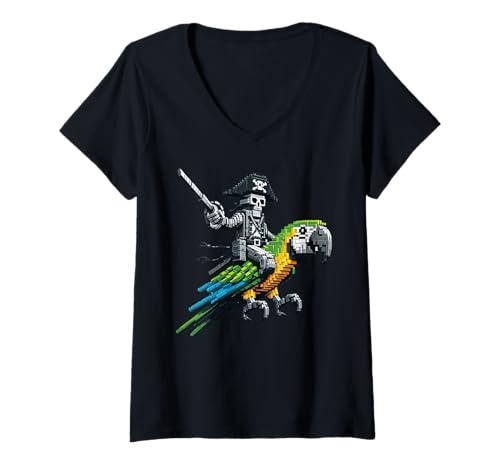 Damen Pirat Reiten Papagei Block Style Gaming Gamer Pixel Art T-Shirt mit V-Ausschnitt Damen Pirat Reiten Papagei Block Style Gaming Gamer Pixel Art T-Shirt mit V-Ausschnitt von Pixelated Art Animal Riding Graphic For Gamers Boy