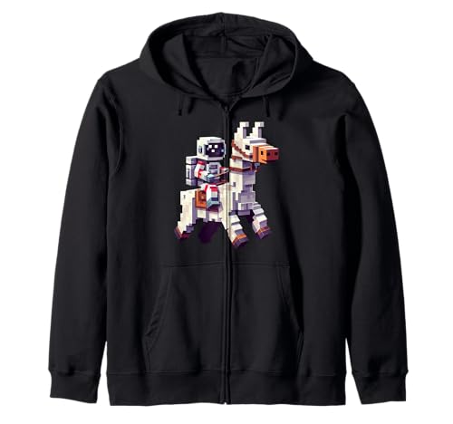 Astronaut Reiten Lama Jungen Mädchen Gaming im Block-Stil Kapuzenjacke von Pixelated Character Riding Llama Gamer Art Gaming