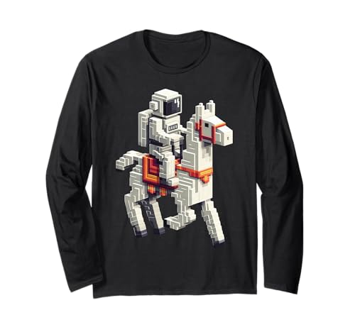 Astronaut Reiten Lama Jungen Mädchen Gaming im Block-Stil Langarmshirt von Pixelated Character Riding Llama Gamer Art Gaming