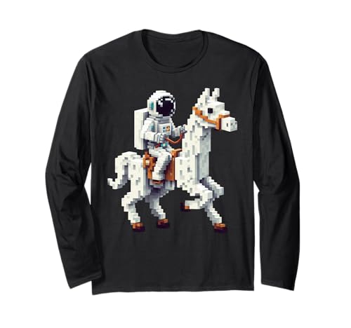 Astronaut Reiten Lama Jungen Mädchen Gaming im Block-Stil Langarmshirt von Pixelated Character Riding Llama Gamer Art Gaming