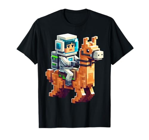 Astronaut Reiten Lama Jungen Mädchen Gaming im Block-Stil T-Shirt von Pixelated Character Riding Llama Gamer Art Gaming