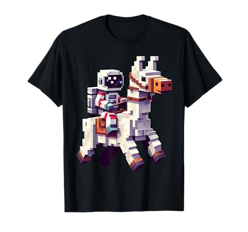 Astronaut Reiten Lama Jungen Mädchen Gaming im Block-Stil T-Shirt von Pixelated Character Riding Llama Gamer Art Gaming