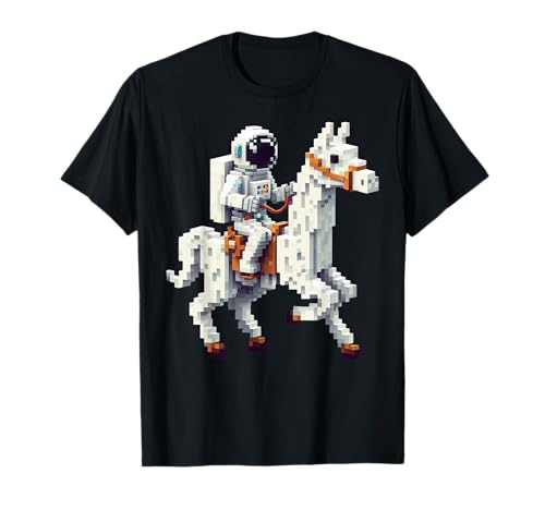 Astronaut Reiten Lama Jungen Mädchen Gaming im Block-Stil T-Shirt von Pixelated Character Riding Llama Gamer Art Gaming