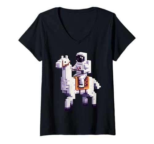Damen Astronaut Reiten Lama Jungen Mädchen Gaming im Block-Stil T-Shirt mit V-Ausschnitt von Pixelated Character Riding Llama Gamer Art Gaming