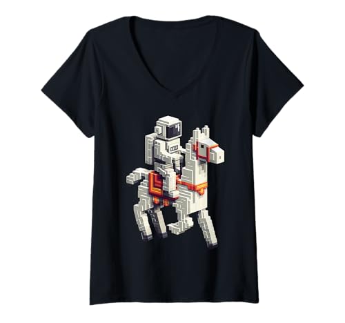 Damen Astronaut Reiten Lama Jungen Mädchen Gaming im Block-Stil T-Shirt mit V-Ausschnitt von Pixelated Character Riding Llama Gamer Art Gaming