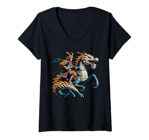 Damen Samurai Reitender Drache Charakter Gaming Design Block Stil T-Shirt mit V-Ausschnitt von Pixelated Gamer Boys Video Games Pixel Art Gifts