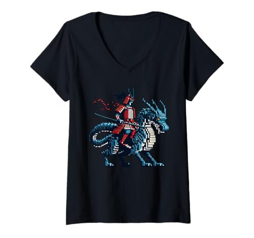 Damen Samurai Reitender Drache Charakter Gaming Design Block Stil T-Shirt mit V-Ausschnitt von Pixelated Gamer Boys Video Games Pixel Art Gifts