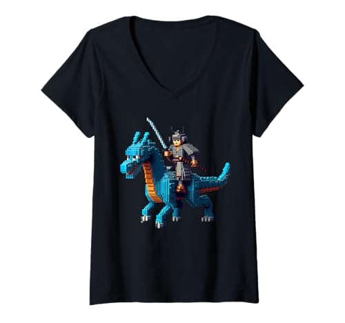 Damen Samurai Reitender Drache Charakter Gaming Design Block Stil T-Shirt mit V-Ausschnitt von Pixelated Gamer Boys Video Games Pixel Art Gifts