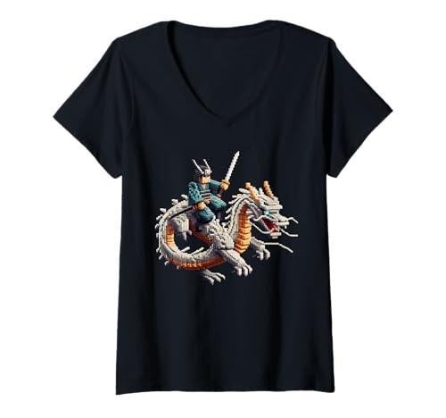 Damen Samurai Reitender Drache Charakter Gaming Design Block Stil T-Shirt mit V-Ausschnitt von Pixelated Gamer Boys Video Games Pixel Art Gifts