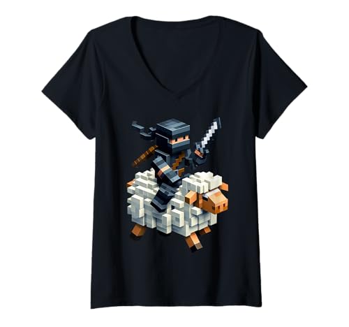 Damen Ninja Reitendes Schaf Block Style Charakter Pixel Art Boy Gamer T-Shirt mit V-Ausschnitt von Pixelated Gamer Pixel Art Graphic Gaming Gifts
