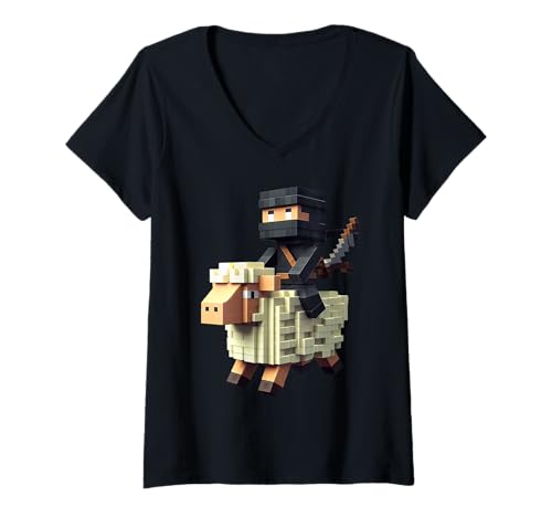 Damen Ninja Reitendes Schaf Block Style Charakter Pixel Art Boy Gamer T-Shirt mit V-Ausschnitt von Pixelated Gamer Pixel Art Graphic Gaming Gifts