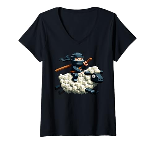 Damen Ninja Reitendes Schaf Block Style Charakter Pixel Art Boy Gamer T-Shirt mit V-Ausschnitt von Pixelated Gamer Pixel Art Graphic Gaming Gifts