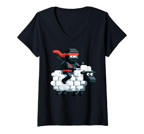 Damen Ninja Reitendes Schaf Block Style Charakter Pixel Art Boy Gamer T-Shirt mit V-Ausschnitt von Pixelated Gamer Pixel Art Graphic Gaming Gifts